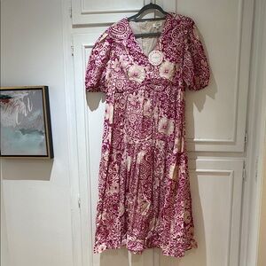 Umgee Pink and Cream Floral Midi Dress